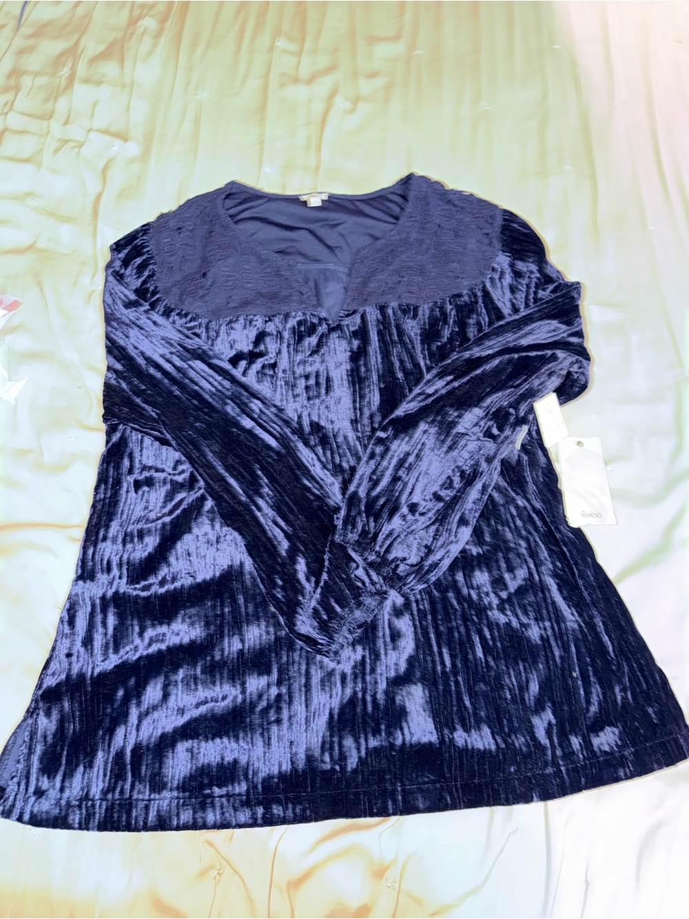 Reba Navy Velvet Long-Sleeve Tunic with Lace Yoke